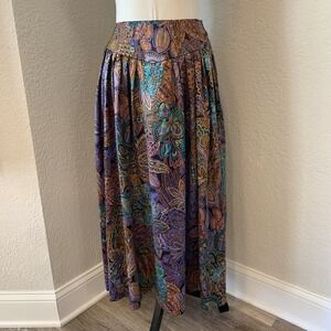 Vintage Basque Waist A Line Midi Satin Paisley Skirt Jewel Tones XS/S US Sz 2